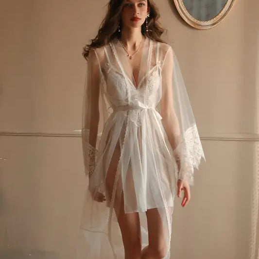 Sheer white lace robe featured in Elegant Mesh Solid Lace and Tulle Luxury Nightdress