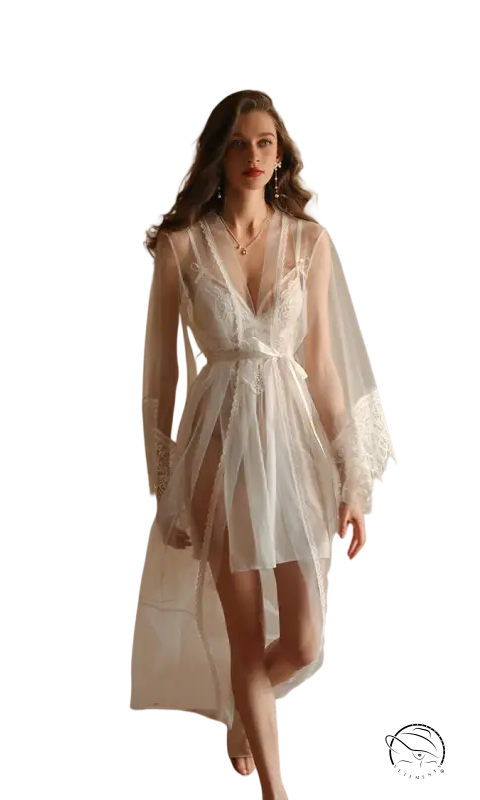 Elegant sheer white lace robe in luxury nightdress