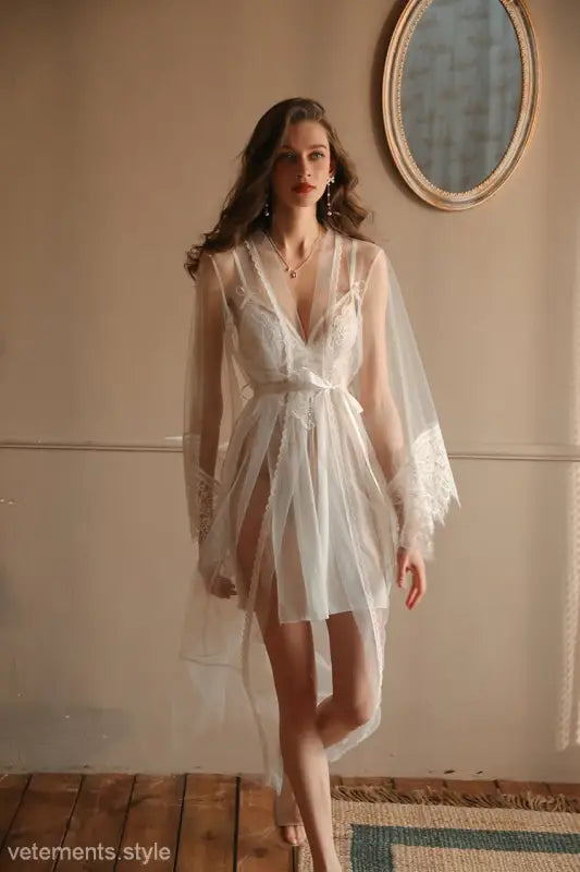 Sheer white lace robe featured in Elegant Mesh Solid Lace and Tulle Luxury Nightdress