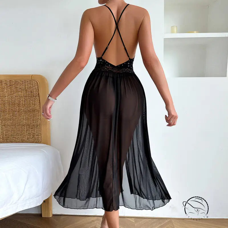 Elegant Mesh Solid Lace Slip Nightdress for All Seasons