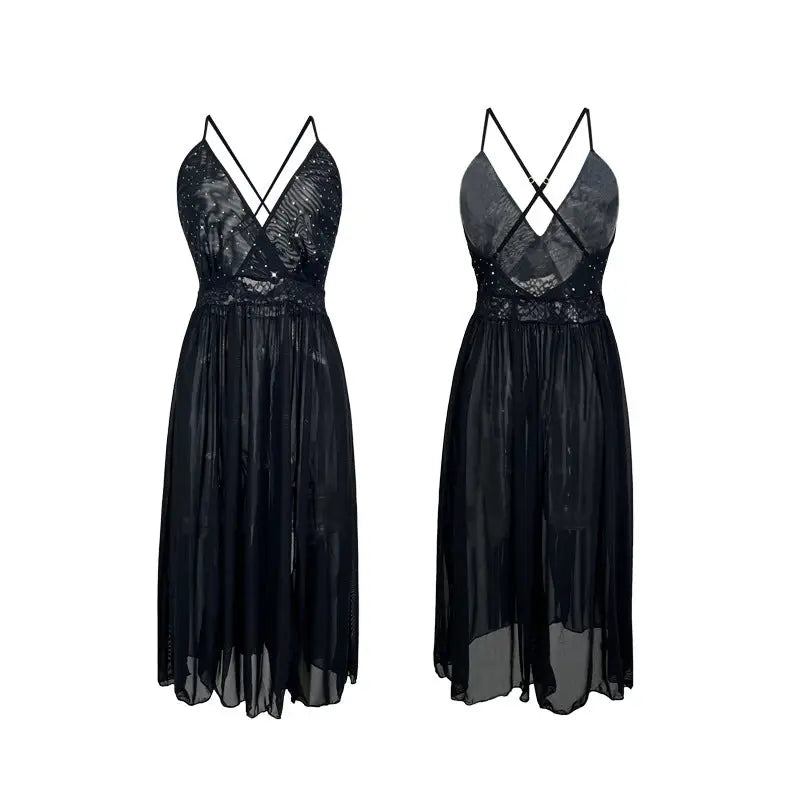 Elegant Mesh Solid Lace Slip Nightdress for All Seasons