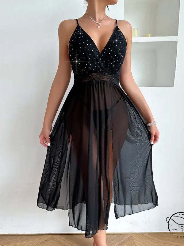 Elegant Mesh Solid Lace Slip Nightdress for All Seasons