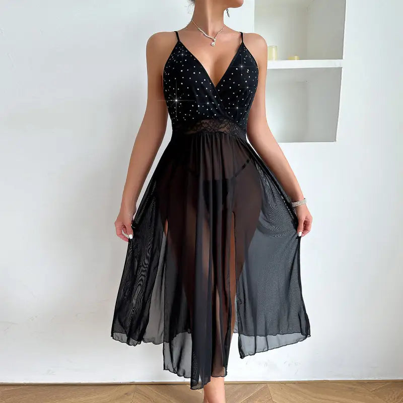 Elegant Mesh Solid Lace Slip Nightdress for All Seasons
