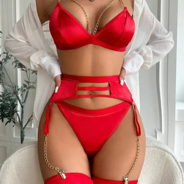 Bright red metal chain underwear set with gold accessories and white shirt for Valentine Day metal fashion
