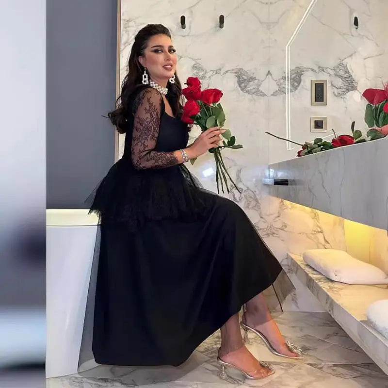 Elegant black lace square neck long-sleeve midi A-line dress with tulle skirt and pearl necklace for spring fall fashion