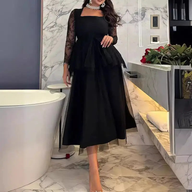Elegant black lace midi A-line dress with square neck sleeve for spring fall
