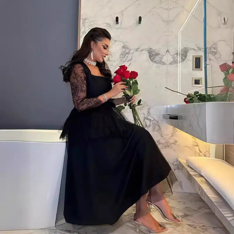 Black lace square neck sleeve midi A-line dress for spring fall