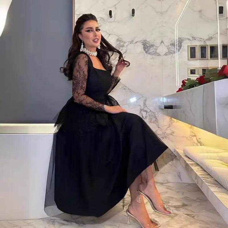 Elegant black lace midi A-line dress with sheer square neck sleeves for spring fall