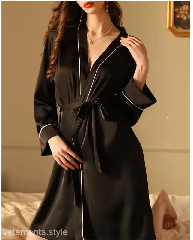 Black silk robe with white piping and tie waist, part of the sexy midi silk pajamas collection