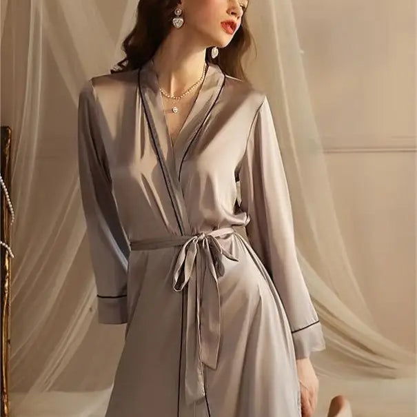 Elegant gray wrap-style robe from Sexy Midi Silk Pajamas with a belt for spring fall wear
