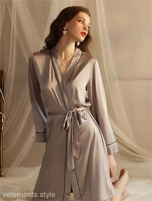 Elegant gray wrap-style robe from Sexy Midi Silk Pajamas with a belt for spring fall wear