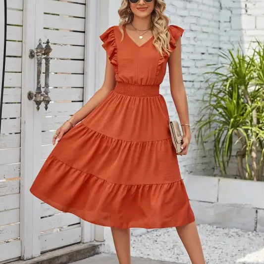 Rust-colored tiered midi dress with ruffled cap sleeves and V-neckline in Elegant Navy Blue Waist Pleated Dress
