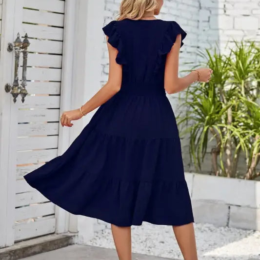 Elegant Navy Blue Waist Pleated Ruffle Midi Dress featuring cap sleeves and a flared skirt