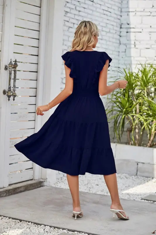 Elegant Navy Blue Waist Pleated Ruffle Midi Dress featuring cap sleeves and a flared skirt