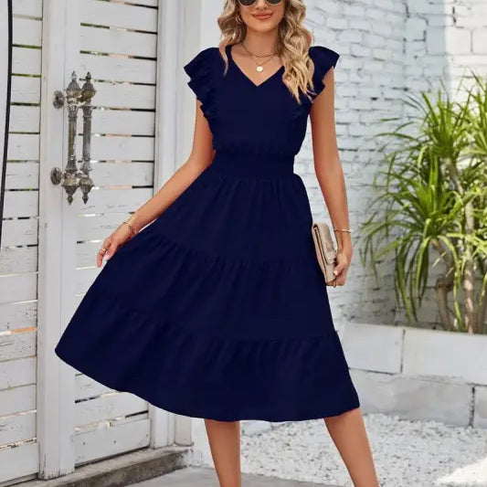 Elegant Navy Blue Waist Pleated Ruffle Midi Dress with V-neck and flutter sleeves