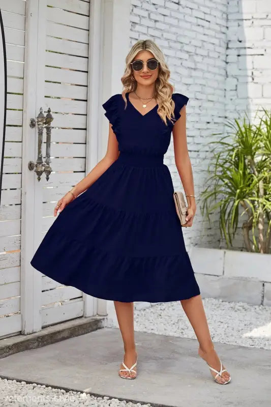 Elegant Navy Blue Waist Pleated Ruffle Midi Dress with V-neck and flutter sleeves