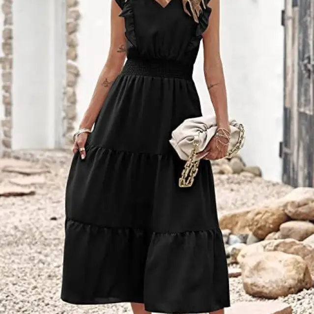 Elegant Navy Blue Waist Pleated Ruffle Midi Dress featuring a V-neckline and cap sleeves