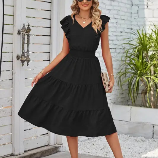 Elegant Navy Blue Waist Pleated Ruffle Midi Dress with flutter sleeves and tiered skirt