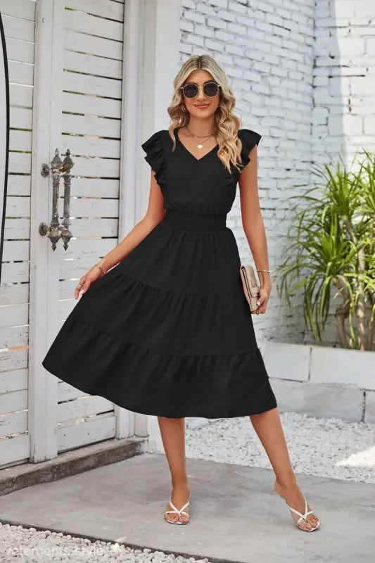Elegant Navy Blue Waist Pleated Ruffle Midi Dress with flutter sleeves and tiered skirt