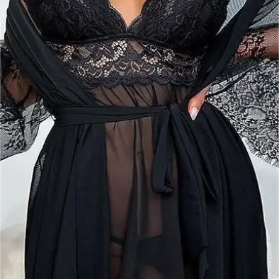 Elegant nightwear suit featuring black lace lingerie set with sheer robe for sexy pajamas white style