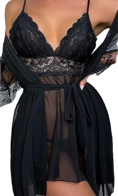 Elegant nightwear suit: white polyester lace bra, panty set with black sheer robe