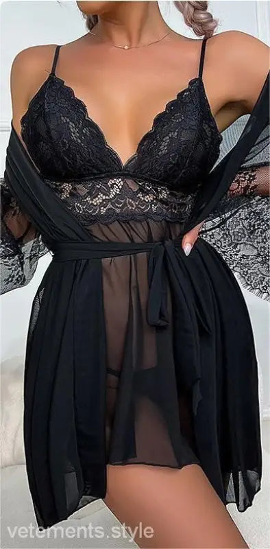 Elegant nightwear suit featuring black lace lingerie set with sheer robe for sexy pajamas white style