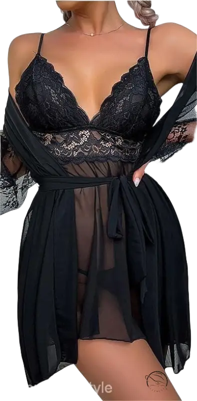 Elegant nightwear suit: white polyester lace bra, panty set with black sheer robe