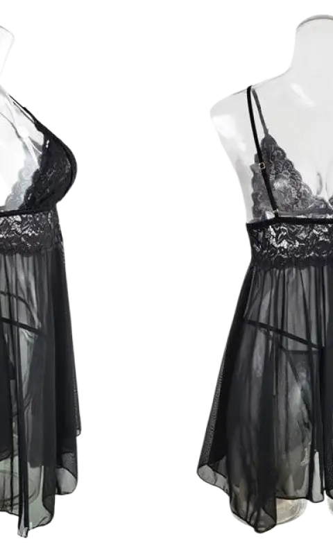 Elegant white nightwear suit with black lace and chiffon bra and panty set