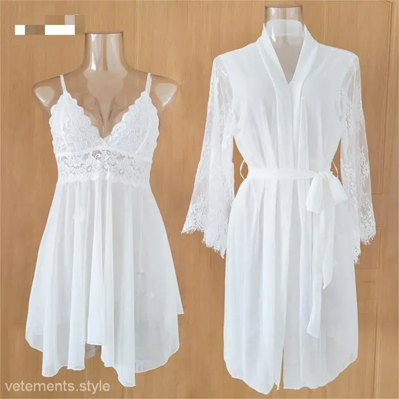 Elegant nightwear suit featuring white lace bra and panty set, perfect for sexy pajamas white collection