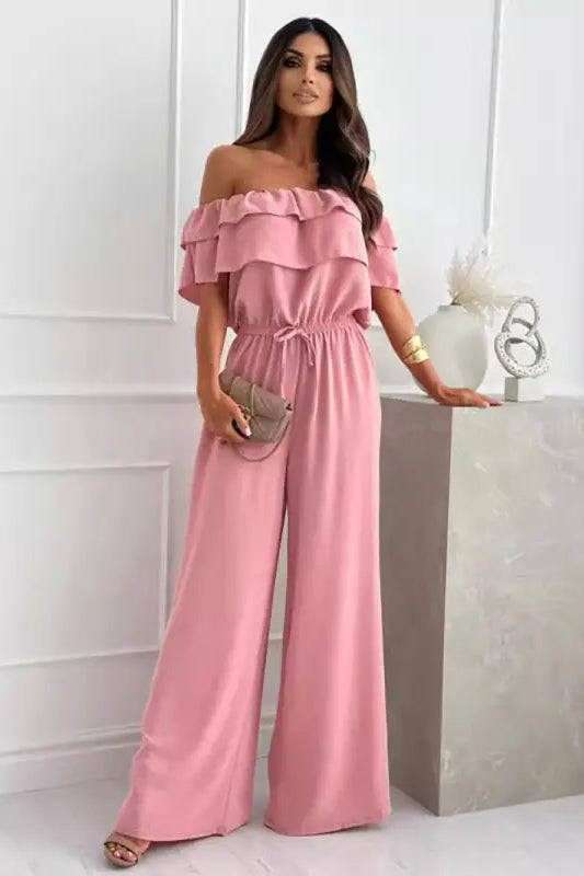 Pink off-the-shoulder ruffled jumpsuit from Langry with free shipping available
