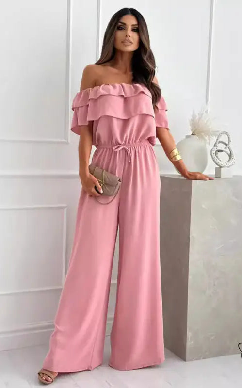 Elegant off-shoulder ruffle jumpsuit in pink with free shipping by Langry