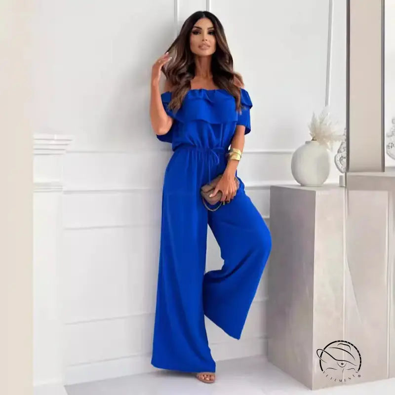 Elegant blue off-shoulder ruffle jumpsuit with free shipping