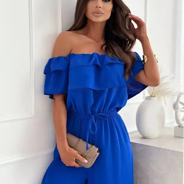 Blue off-the-shoulder jumpsuit from Elegant Off Shoulder Ruffle Jumpsuit collection with free shipping