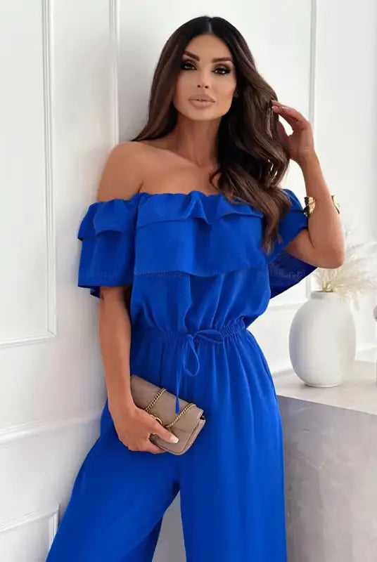 Blue off-the-shoulder jumpsuit from Elegant Off Shoulder Ruffle Jumpsuit collection with free shipping
