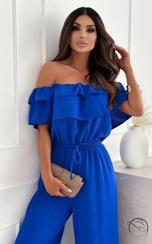 Elegant off-shoulder ruffle jumpsuit in blue with free shipping
