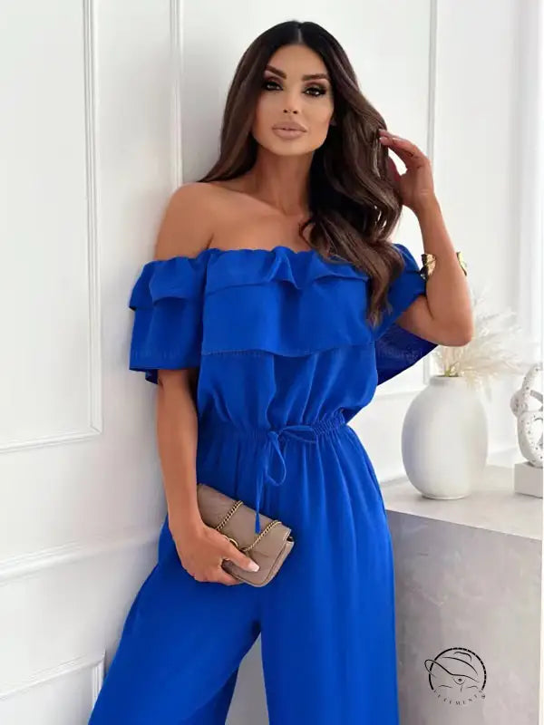 Elegant off-shoulder ruffle jumpsuit in blue with free shipping