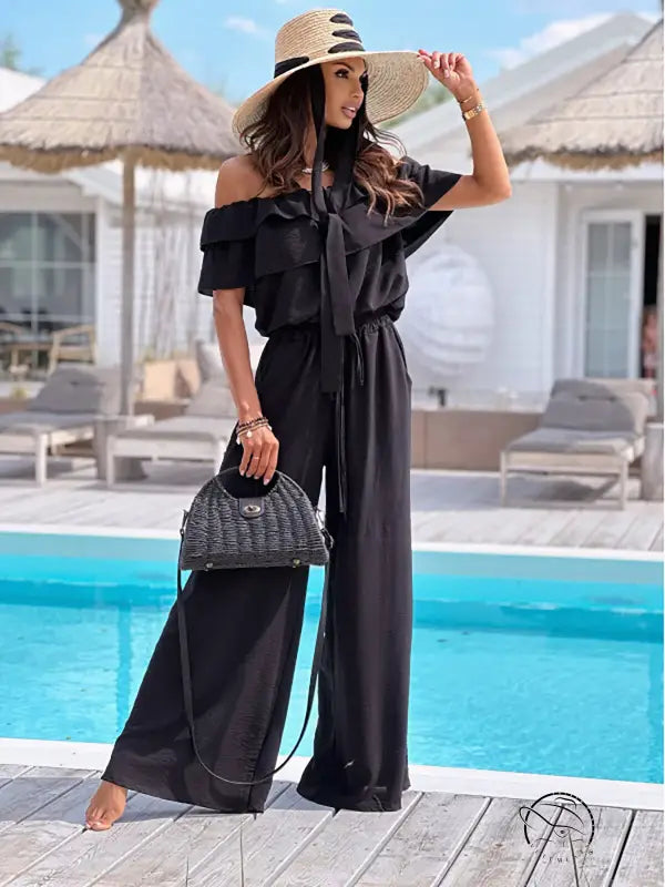 Elegant off shoulder ruffle jumpsuit with free shipping by Langry