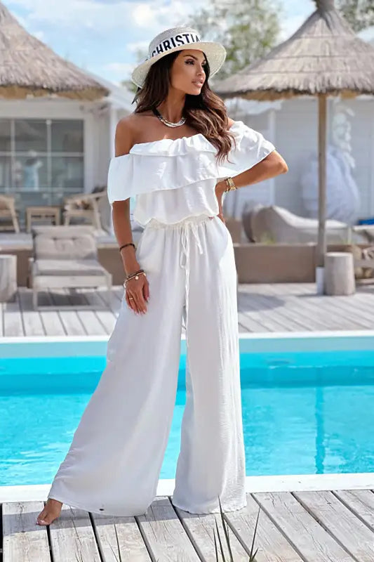 Elegant Off Shoulder Ruffle Jumpsuit in white, offering free shipping for fashionable langry
