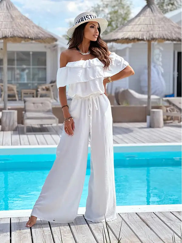 Elegant Off Shoulder Ruffle Jumpsuit in white, offering free shipping for fashionable langry