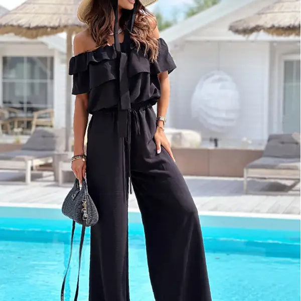 Elegant Off Shoulder Ruffle Jumpsuit in black, perfect shoulder jumpsuit with free shipping