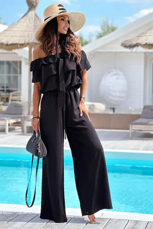 Elegant Off Shoulder Ruffle Jumpsuit in black, perfect shoulder jumpsuit with free shipping