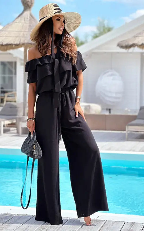 Elegant Off Shoulder Ruffle Jumpsuit in black, perfect shoulder jumpsuit with free shipping