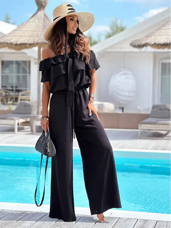Elegant Off Shoulder Ruffle Jumpsuit in black, perfect shoulder jumpsuit with free shipping