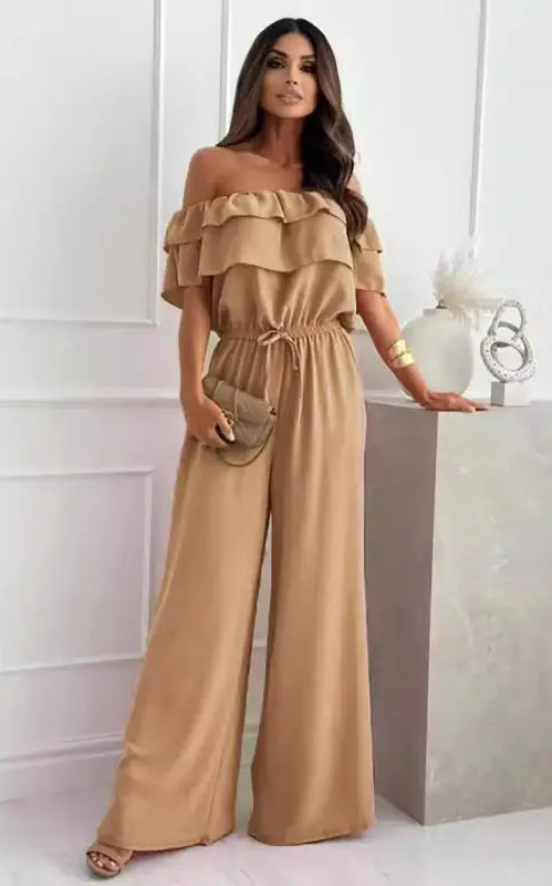 Elegant Beige Off-The-Shoulder Jumpsuit with Free Shipping, Perfect for Casual Outings