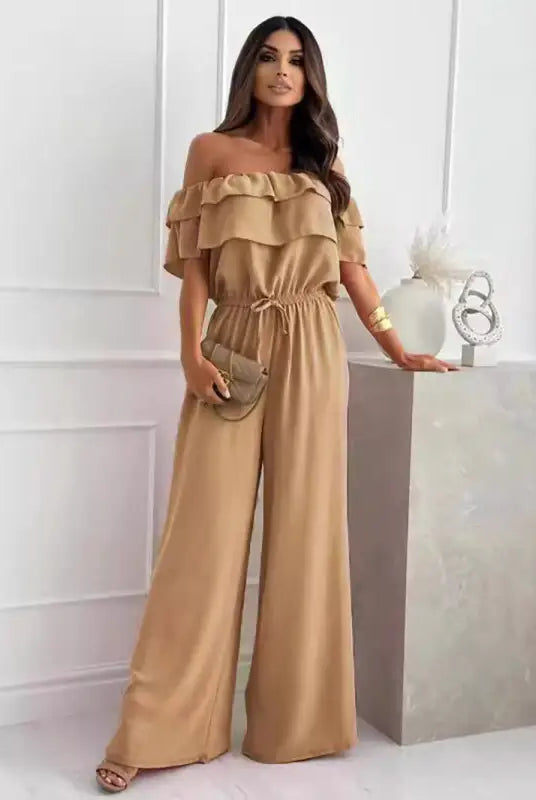 Beige off-the-shoulder ruffled jumpsuit from Elegant Off Shoulder Ruffle Jumpsuit, free shipping