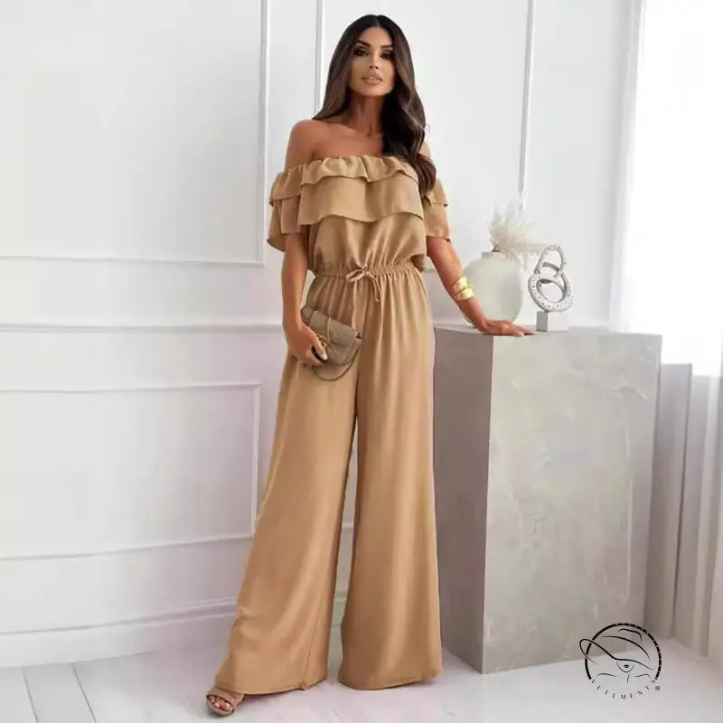 Elegant beige off-shoulder ruffle jumpsuit with free shipping