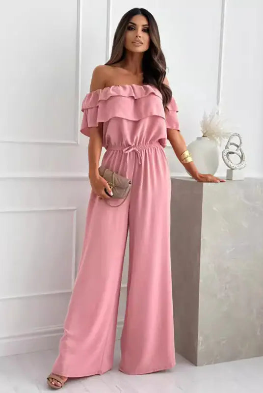 Pink off-the-shoulder ruffled jumpsuit, perfect for elegant occasions with free shipping available