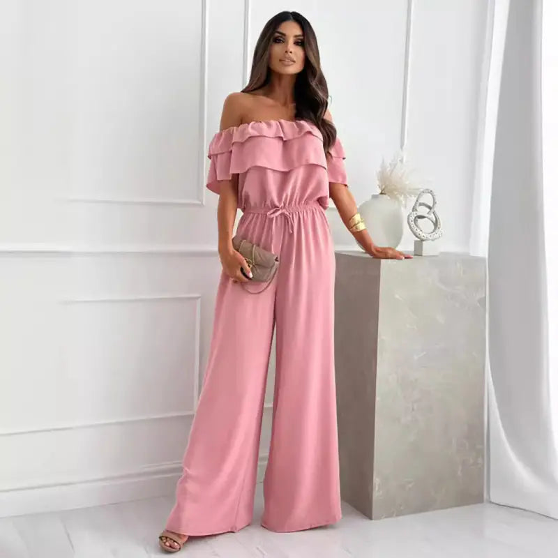 Pink off-the-shoulder ruffled jumpsuit, perfect for elegant occasions with free shipping available