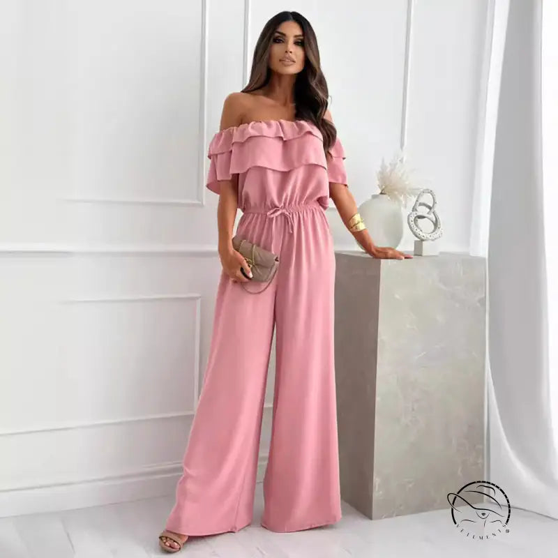 Pink off-the-shoulder ruffle shoulder jumpsuit with free shipping by Langry