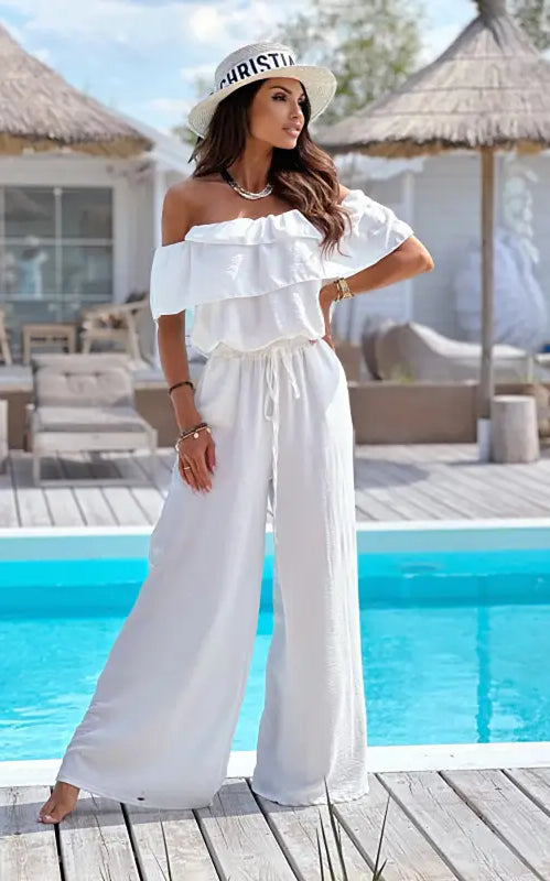 Elegant Off Shoulder Ruffle Jumpsuit in white, perfect shoulder jumpsuit with free shipping